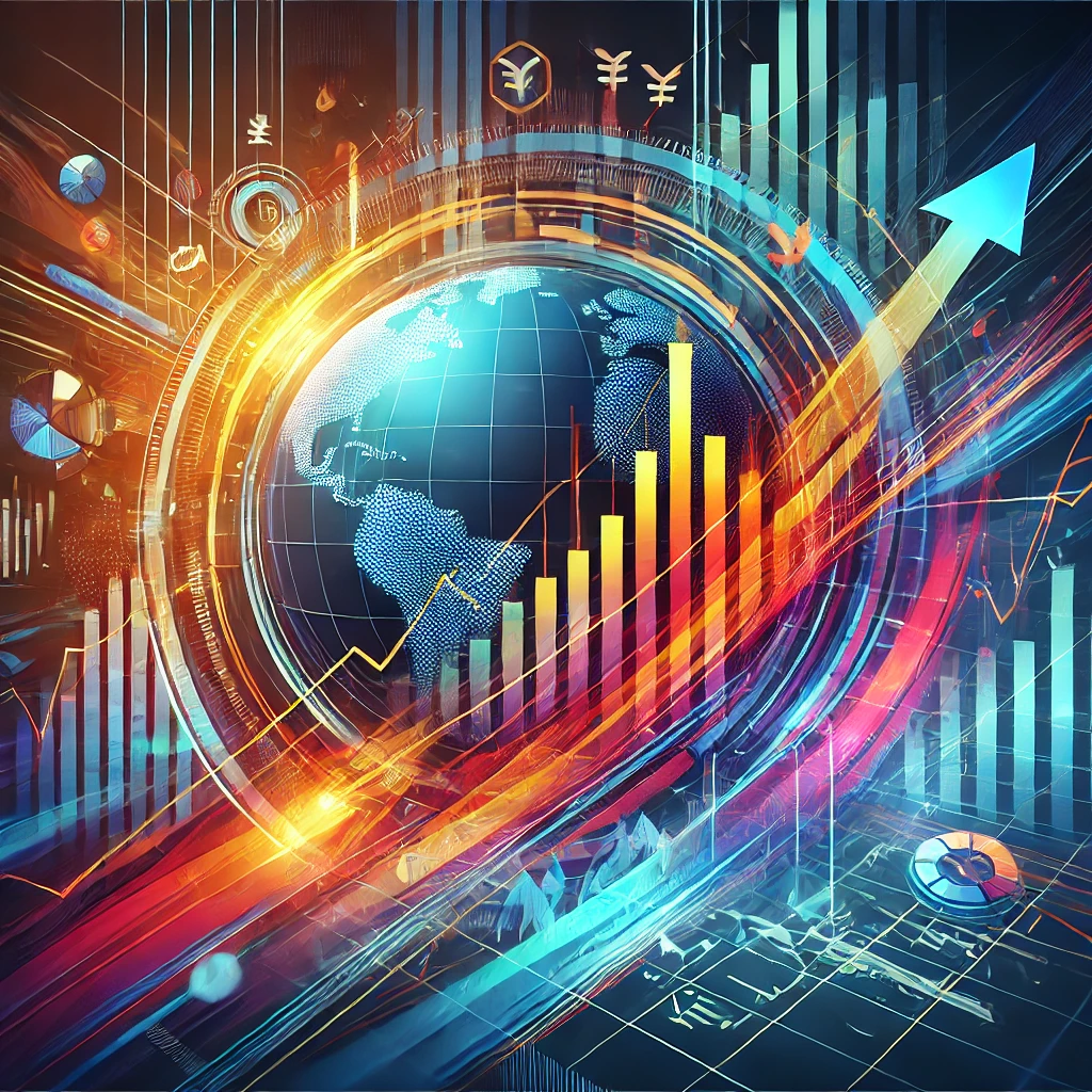 色鮮やかな抽象的な金融グラフと地球、上昇する矢印が描かれたインパクトのある画像