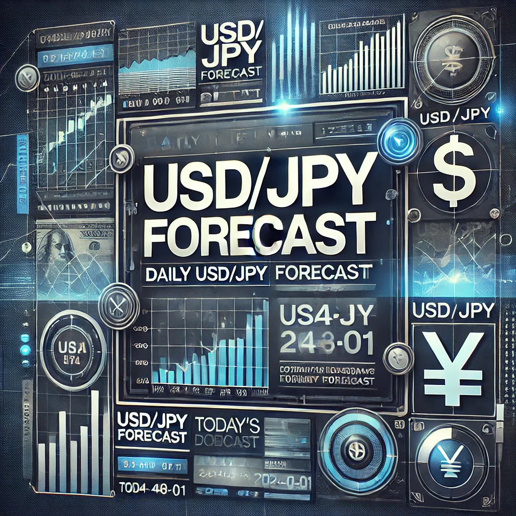 ドル円相場予測のブログ記事用アイキャッチ画像。チャートやグラフ、USDとJPYのシンボルが描かれており、中央に「USD/JPY Forecast」と表示。日付は「2024-08-01」。